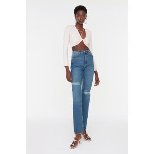 Trendyol Blue Split Detailed High Waist Flare Jeans with Ripped Detail