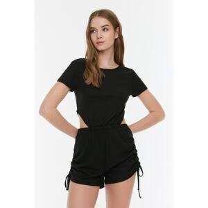 Trendyol Black Window/Cut-Out Shirring Detailed Corduroy Knitted Overalls