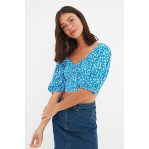 Trendyol Blue Floral Print Fitted Crop Creme Knitted Blouse