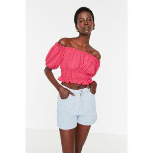 Trendyol Fuchsia Carmen Collar Crisscross Crop Knitted Blouse