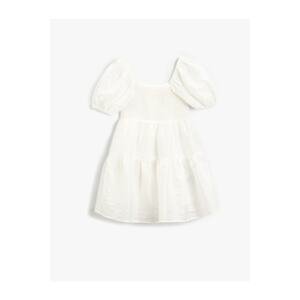 Koton Pleated, Elastic Ruffles Long White Dress with Balloon Sleeves, Square Neckline and Pleat.