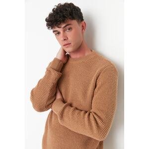 Trendyol Men's Camel Regular Fit Crew Neck Textured Basic Knitwear Sweater