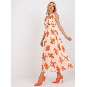 Béžové a oranžové dlouhé plisované šaty s potisky