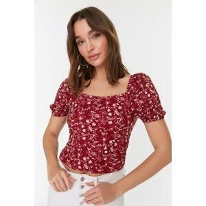 Trendyol Claret Red Floral Print Fitted/Situated Crop Square Neck Creme Knitted Blouse
