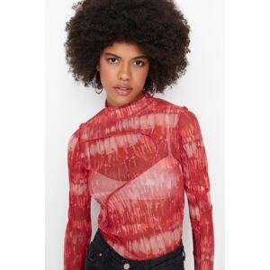 Trendyol Red Patterned Stand-Up Collar Tulle Knitted Blouse