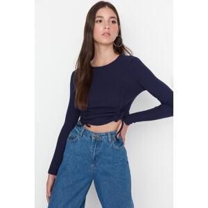Trendyol Navy Blue Shirred Detailed Fitted Crop Crew Neck Ribbed Cotton Stretch Knit Blouse