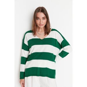 Trendyol Green V-Neck Color Block Knitwear Sweater