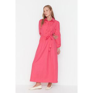 Trendyol Fuchsia Shirt Collar With Crimped Pleats Detailed Woven Belted Dress