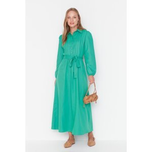 Trendyol Green Shirt Collar With Crimped Pleats Detailed Woven Belted Dress