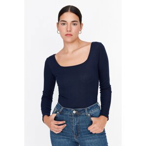 Trendyol Navy Blue Square Collar Long Sleeve Ribbed Flexible Knitted Body With Snaps