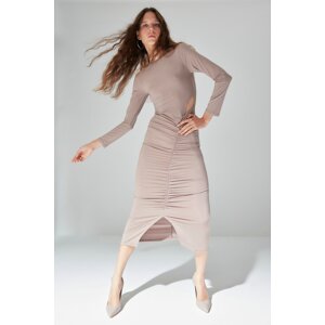 Trendyol Limited Edition Mink Design Cut Out Detailed Knitted Dress with Slits