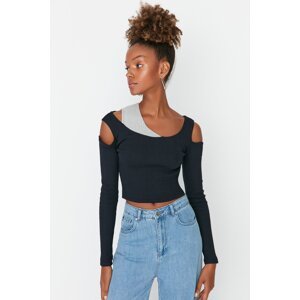 Trendyol Navy Blue Cut Out and Color Block Detail Fitted/Slip-On Knitted Blouse with Corduroy