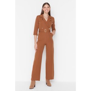 Trendyol Brown Belted Long Overalls, Woven Double Breasted Collar