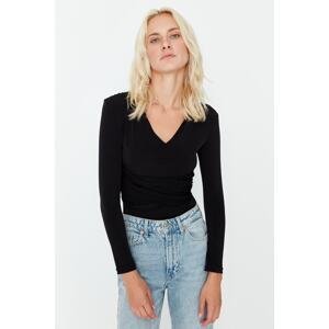 Trendyol Black Shirring Detailed V-Neck Flexible Knitted Body With Snap Button
