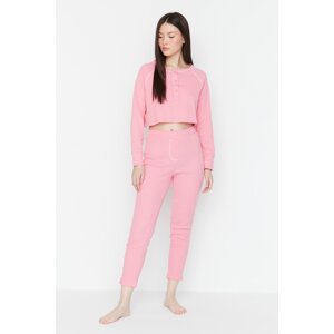 Trendyol Pink Button Detailed Crop Corduroy Pajamas Set