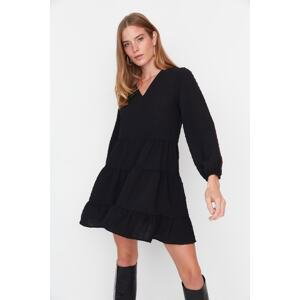 Trendyol Black Mini Wide Cut Textured Flounce Woven Dress