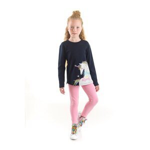 Mushi Believe Unicorn Girl Child's Navy T-shirt with Pink Leggings Set.
