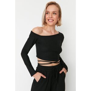 Trendyol Black Off-the-Shoulder Tie Detailed Corduroy Stretchy Crop Knitted Blouse