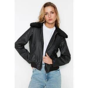 Trendyol Black Collar with Plush Detailed Faux Leather Coat