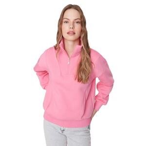 Trendyol Pink Oversize/Wide Fit Zippered Stand-Up Collar Fleece Inner Knitted Sweatshirt