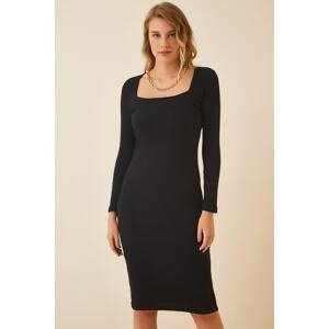 Happiness İstanbul Women's Black Square Collar Corduroy Knitted Dress