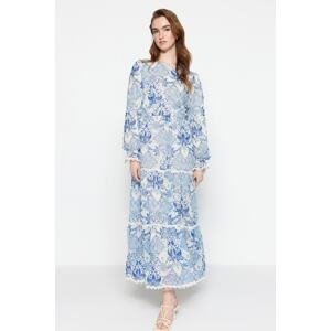 Trendyol Blue Floral Pattern Woven Dress with Guipure Detail