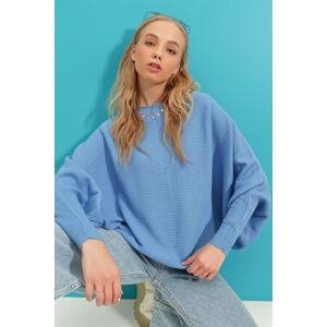 Trend Alaçatı Stili Women's Blue Boat Collar Wound Sleeves Knitwear Sweater