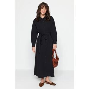 Trendyol Black Belted Knitted Cotton Shirt Dress With Cuffs