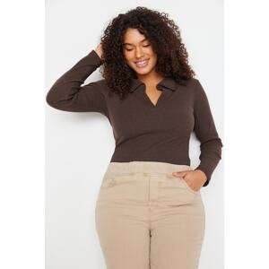 Trendyol Curve Brown Fitted Ribbed Knit Shirt Collar With Snap Buttons Body