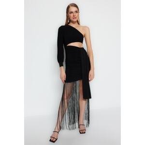 Trendyol Black Fitted Evening Dress With Knitted Tassels With Lining