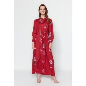 Trendyol Red Floral Pattern Shawl Collar Lace-Up Detail Woven Dress
