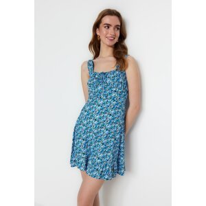 Trendyol Blue Printed Square Collar Ruffle A-Line Mini Knitted Dress