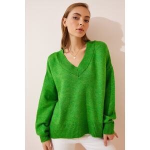 Happiness İstanbul Women's Light Green V-Neck Oversize Knitwear Sweater