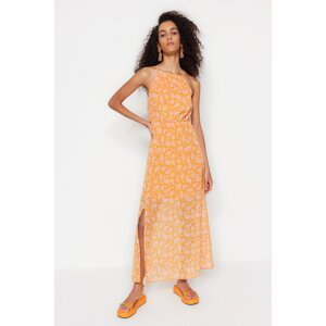 Trendyol Orange A-Line Maxi Woven Lined Slit Floral Pattern Woven Dress