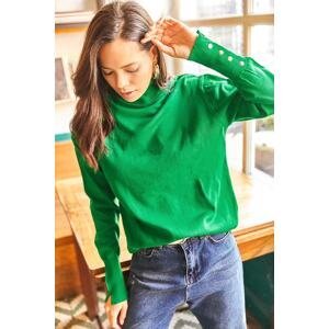 Olalook Women's Grass Green Cuffs with Slits and Buttons Turtleneck Knitwear Sweater