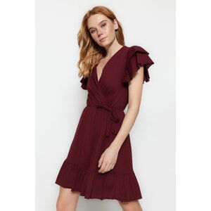 Trendyol Claret Red 100% Cotton Flounced Sleeves Ruffle Detailed Double Breasted Mini Knitted Dress