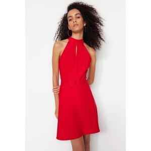 Trendyol Red Belted A-Cut Mini Woven High Neck Woven Dress