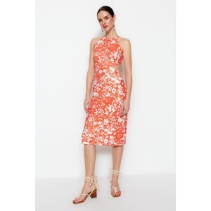 Trendyol Orange Floral Pattern Back Detailed, Flexible Midi Knitted Dress