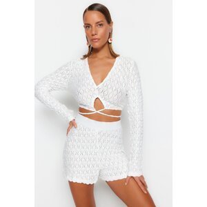 Trendyol Ecru Knitted Tie Blouse and Shorts Set