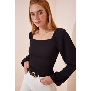 Happiness İstanbul Women's Black Square Collar Balloon Sleeve Knitted Blouse