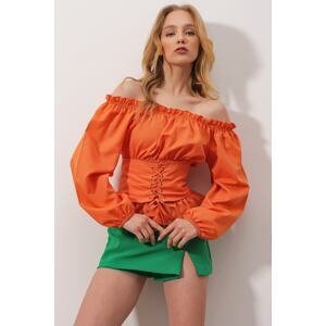 Trend Alaçatı Stili Women's Orange Madonna Collar Knitted Blouse with Guipure Waist Lace-Up Bodice Detail