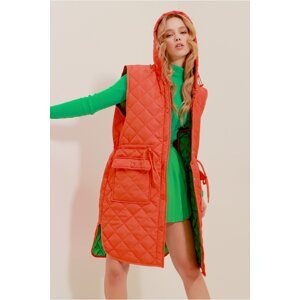 Trend Alaçatı Stili Women's Orange Quilted Vest with a Hooded Long Sleeve with Envelope Pockets with Snap Snap Close