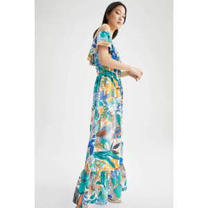 DEFACTO Short Sleeve Frill Detail Floral Print Maxi Dress