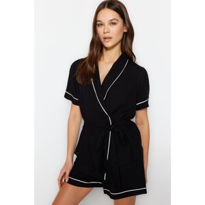 Trendyol Black Tie and Piping Detailed Shirt-Shorts Woven Pajamas Set