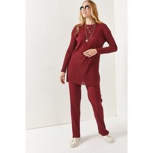 Olalook Women's Burgundy Top Slit Blouse Bottom Palazzo Ribbed Suit