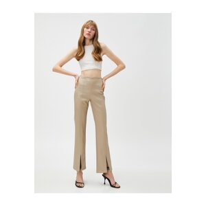 Koton Slit Trousers Leather Look Ribbed Wide Legs