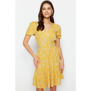 Trendyol Yellow Waist Open Mini Flower Patterned Woven Woven Dress