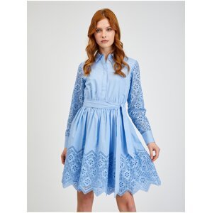 Orsay Modré dámské děrované košilové šaty se zavazováním - Dámské