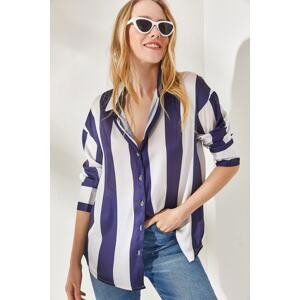 Olalook Women's Navy Blue Striped Oversized Satin Shirt