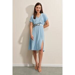 Bigdart 2378 V-Neck Knitted Dress with Slits - Blue